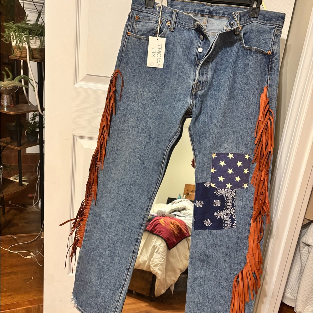 Tricia fix exclusive fringe patchwork Levi’s 501’s